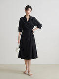 DUSHU 【2 Colors】Women Wrap Design Turn-down Collar Temperament Drape Dress Summer Half Sleeve Black Long A-LINE Dress 24DS82102