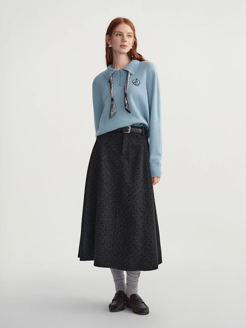 DUSHU 2025 Winter Women's High Waist Polka Dot Full Skirt with Elastic Back - A-Line Mid-Length Flared Skirt for Daily
