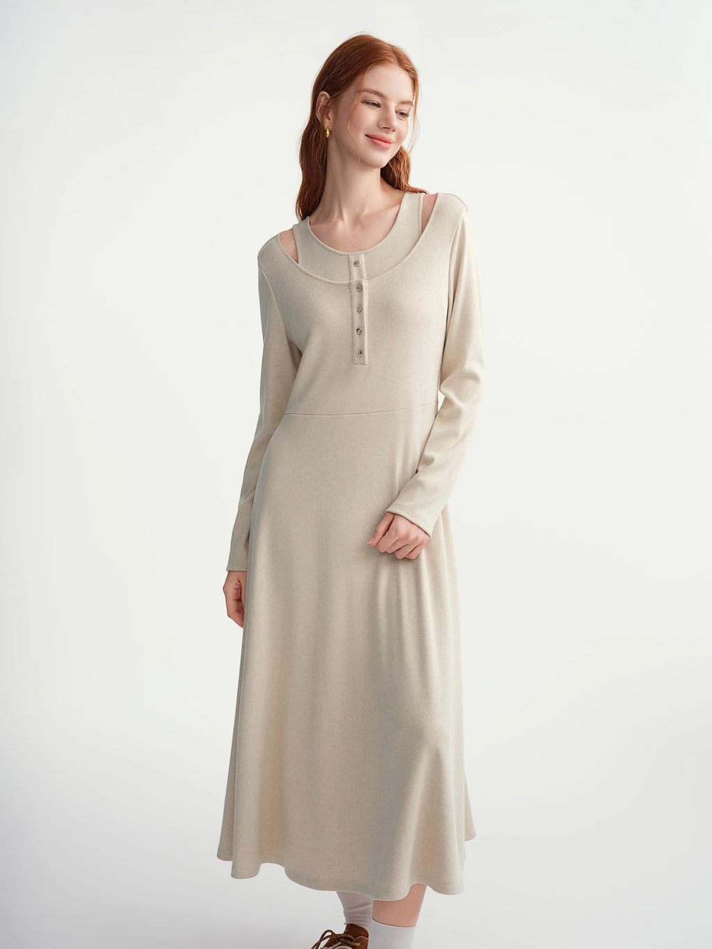 DUSHU Plus Women's Oat Coffee Two-Piece Styled Slim Fit Winter Layering Dress Plus-Size Slimming Stylish Retro-Inspired Design