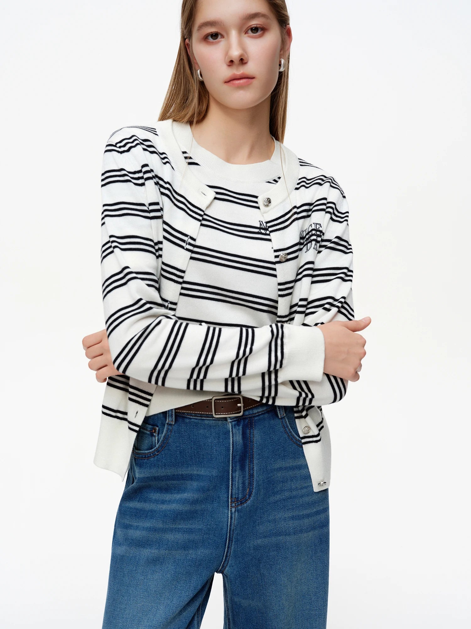 DUSHU 2025 Spring New Lazy Stripe Short Sleeve Cardigan Knit Shirt Fashion Slimming Knitwear Outfit Casual Spring Top Shirt
