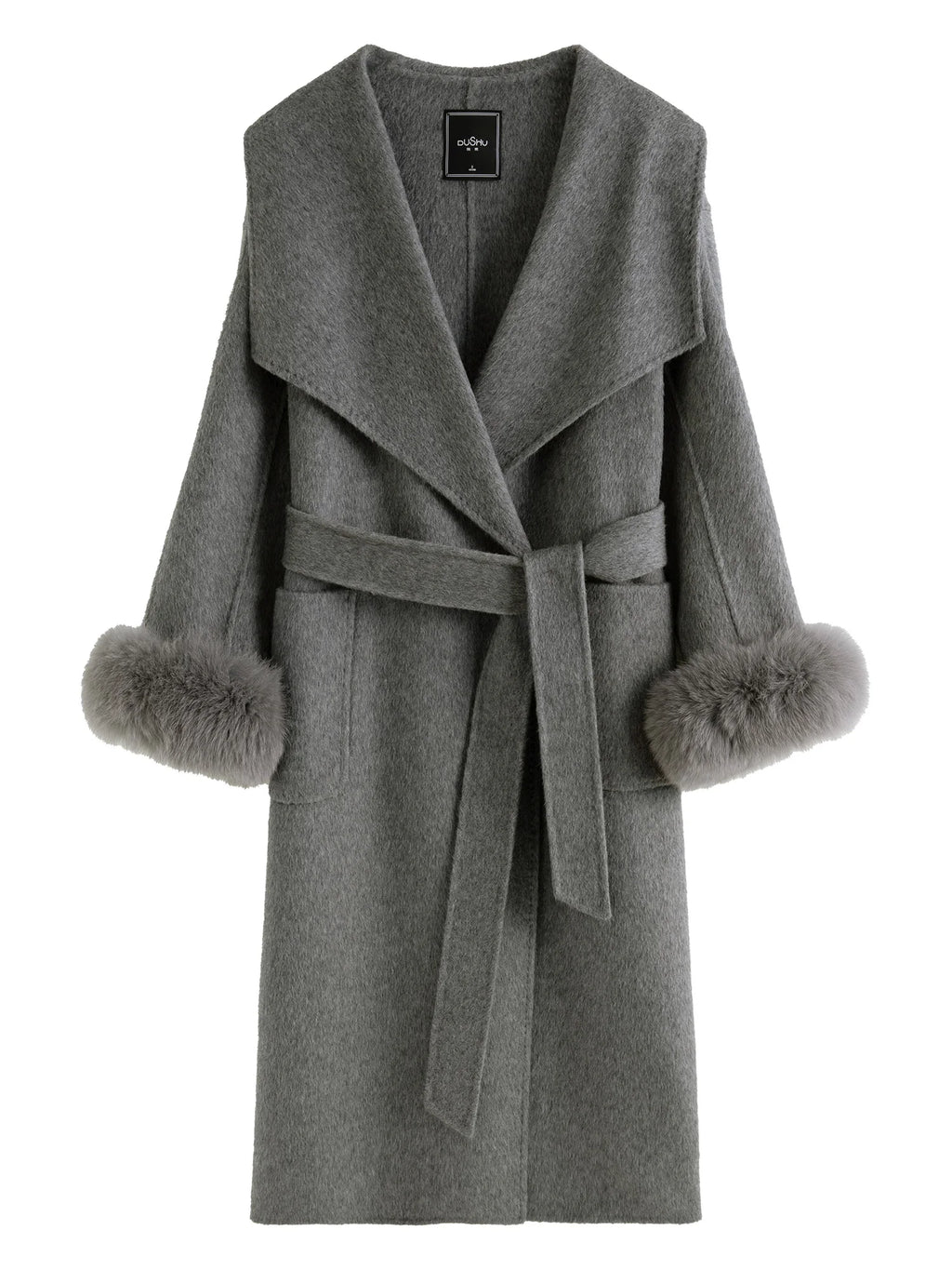 DUSHU 78.3% Sheep Wool Elegant Fox Fur Cuffs Wool Mulberry Silk Blended Coat For Women 2024 Winter New Design Warm Coat24DH84036