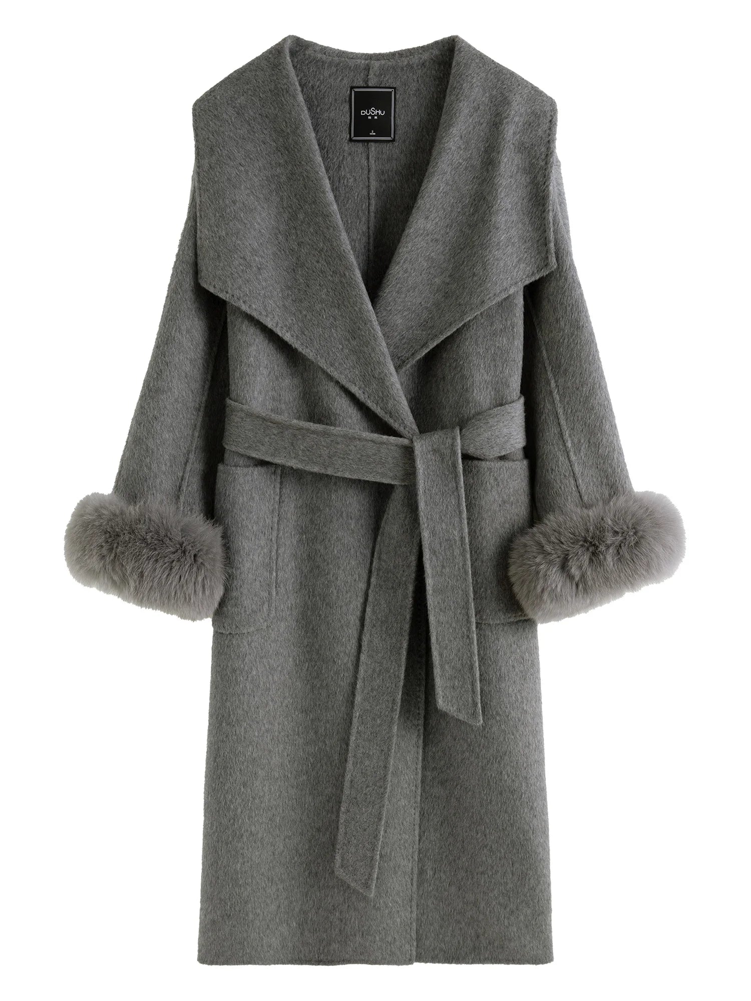DUSHU 78.3% Sheep Wool Elegant Fox Fur Cuffs Wool Mulberry Silk Blended Coat For Women 2024 Winter New Design Warm Coat24DH84036