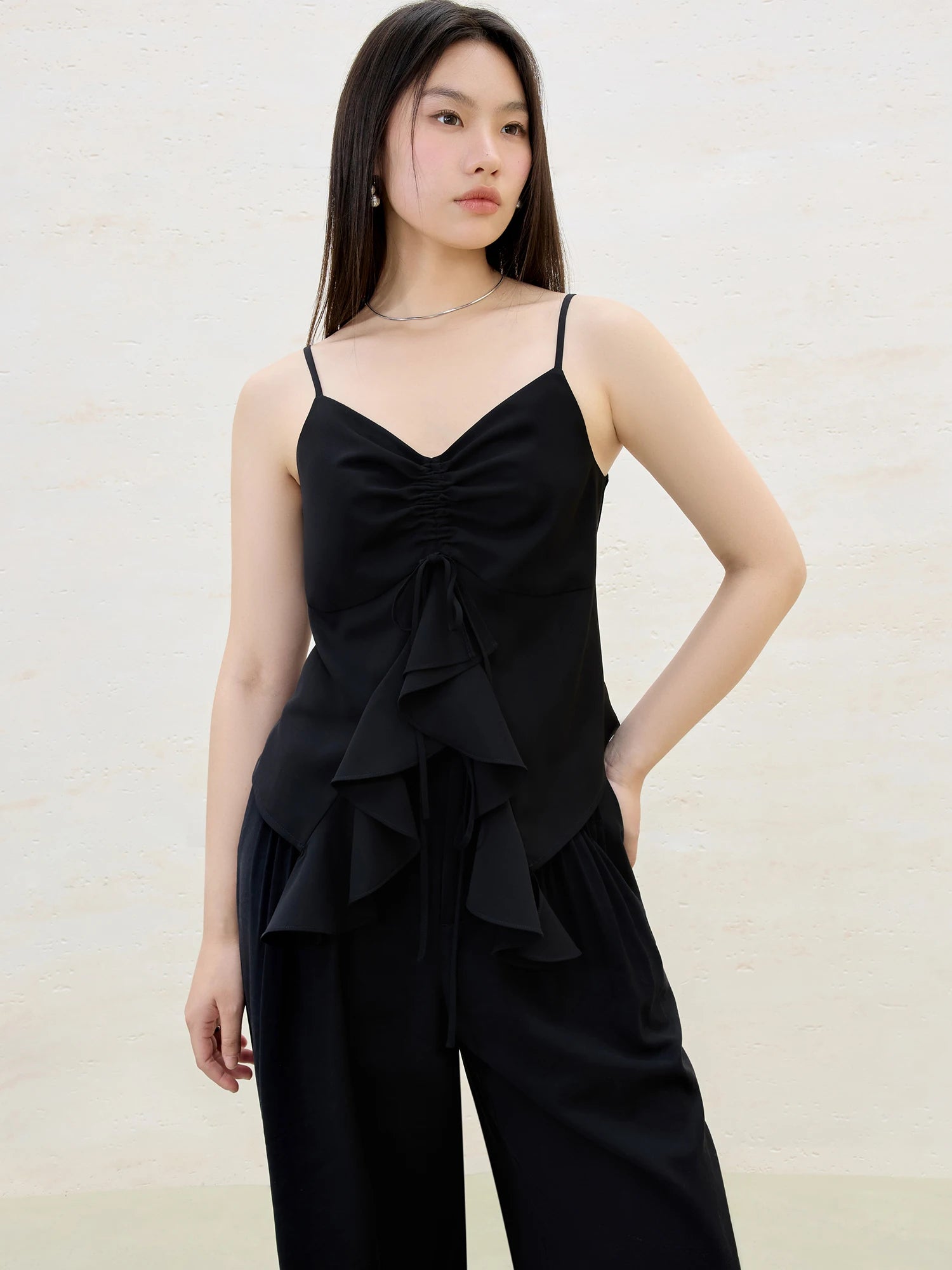DUSHU Solid Color Irregular Ruffle Drawstring Strappy Top 2025 Summer New Style Fashionable All-match Vest for Women 25DS82067