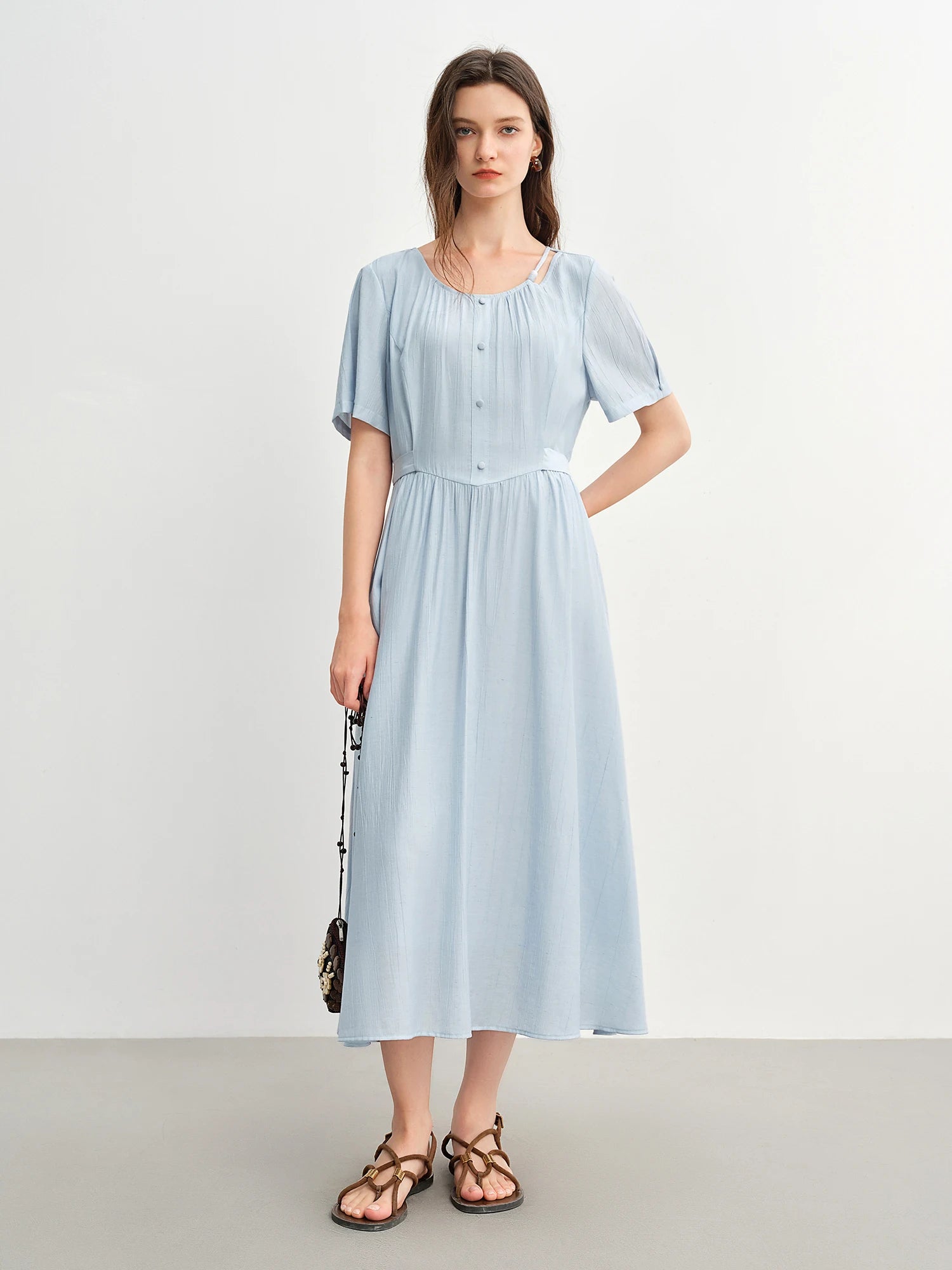 DUSHU Commuter Simple Dress 2025 Summer New Beaded Round Neck Tie Waist Slim MIdi-length Dress 25DS82976
