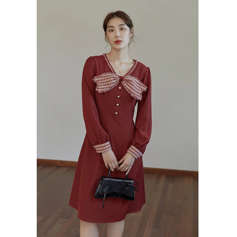 DUSHU Women's Winter Retro Red Stitching Dress Long Polo Neck Belt A-line Skirt Women Bow Neckline Design Thick Bottoming Dress