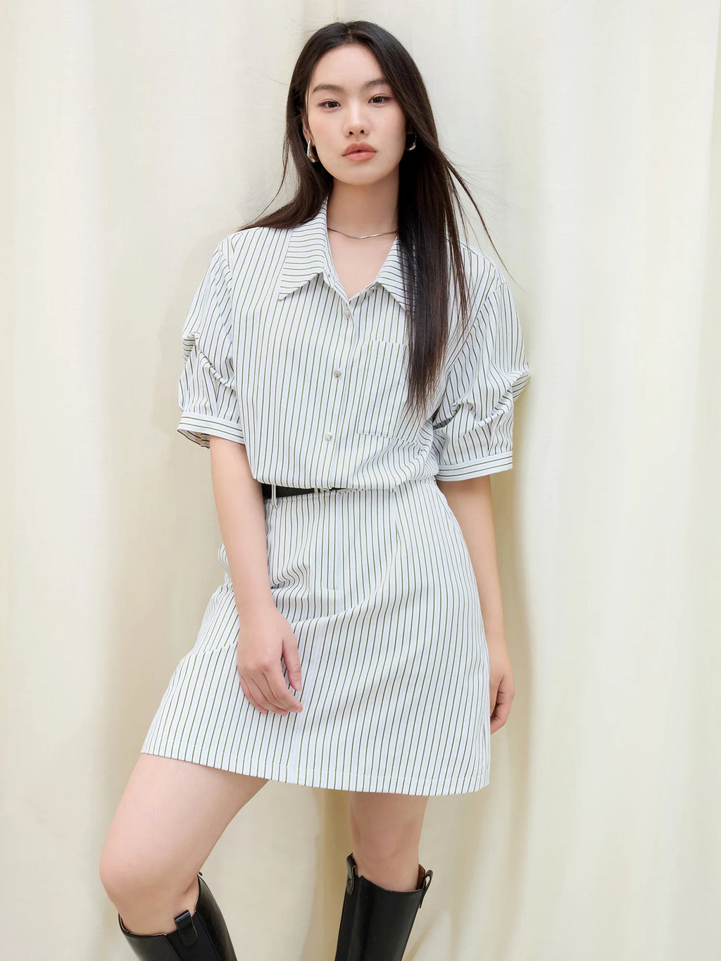 DUSHU Women Fake Two-Piece Striped Shirt Dress 2025 Summer New Women Loose Cotton Short Sleeve Dresses 25DS81323