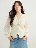 DUSHU Women Beige Long Sleeve Shirts V-Neck Single Breasted Spring Chiffon Blouse Gentle Style Long Sleeve Tops 25DS81100