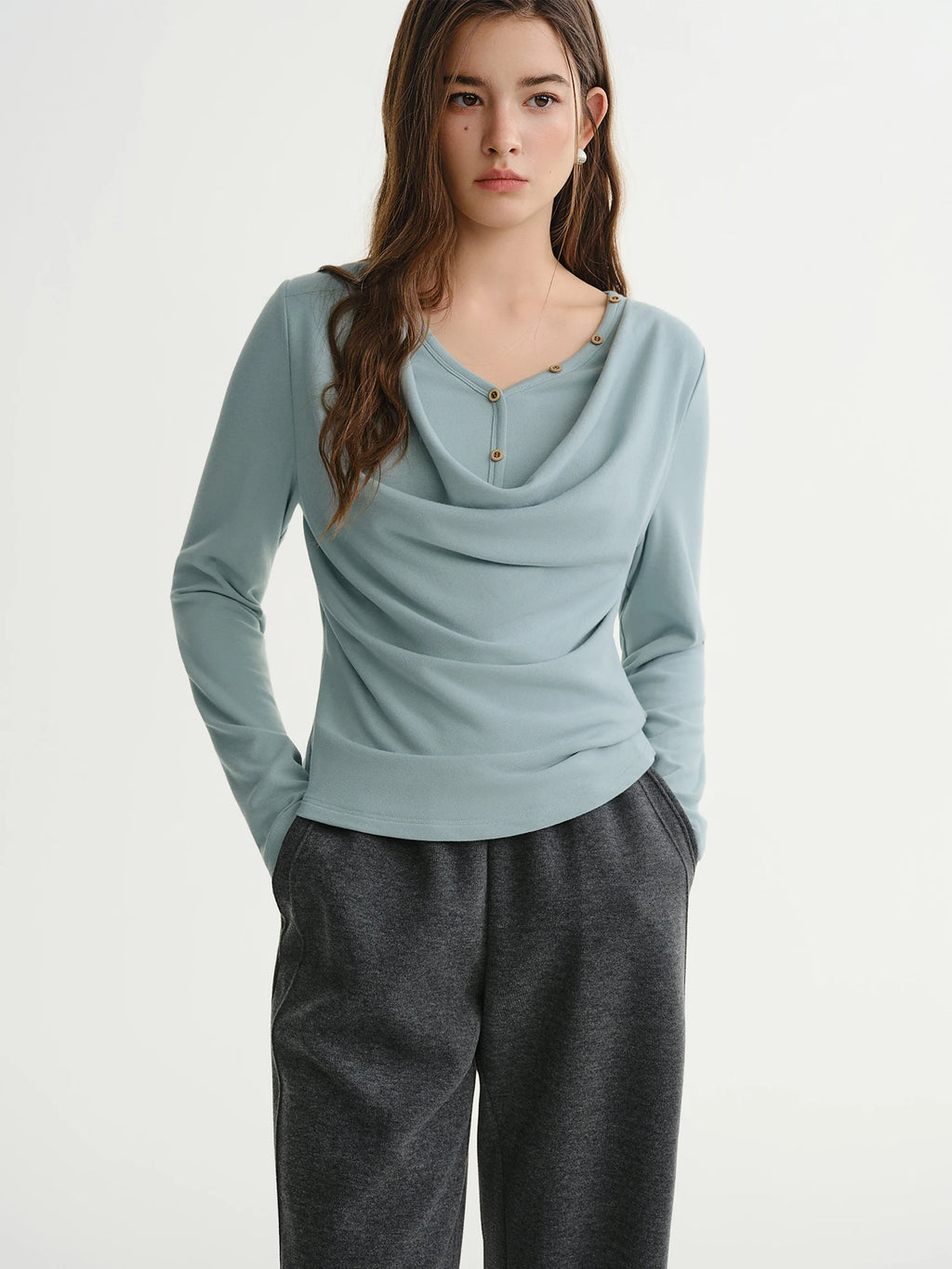 DUSHU Plus-Size Women Layered Art Long-Sleeve T-Shirt with Floating Ribbon neckline Mock Two-Piece Slimming Top for Curvy Women