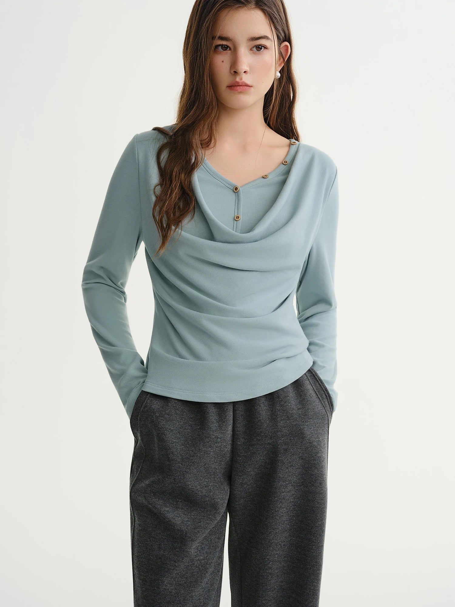 DUSHU Plus-Size Women Layered Art Long-Sleeve T-Shirt with Floating Ribbon neckline Mock Two-Piece Slimming Top for Curvy Women