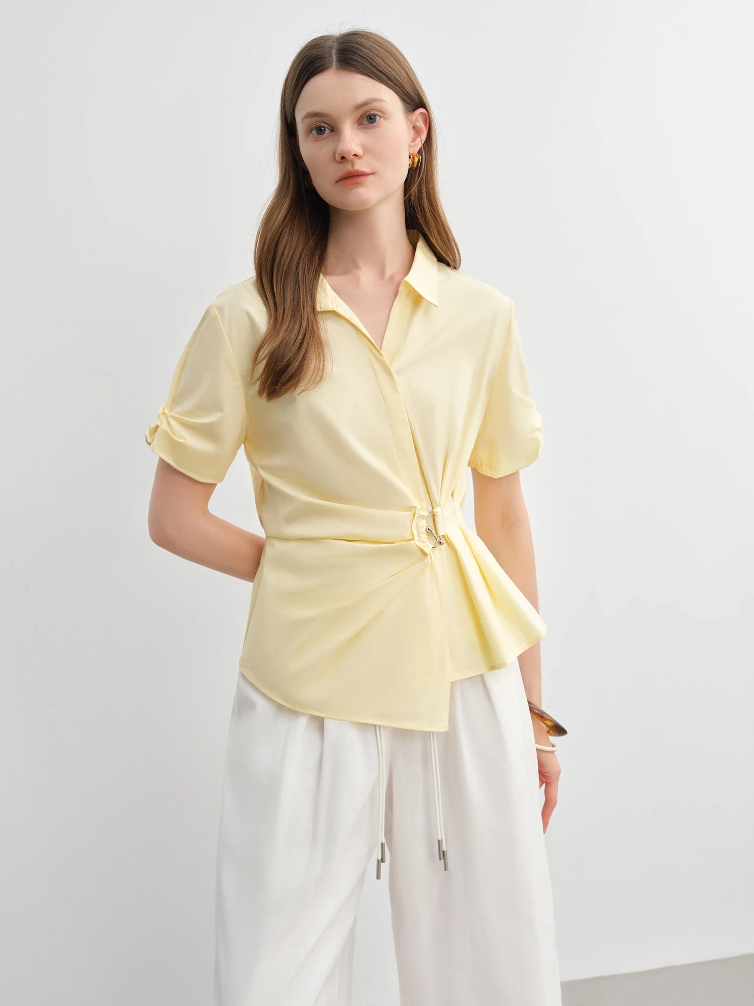 DUSHU 2025 Summer Women's Curve-Sculpting Wrap-Styled Blouse - Adjustable Metallic Ring & Breathable Linen for Office Chic