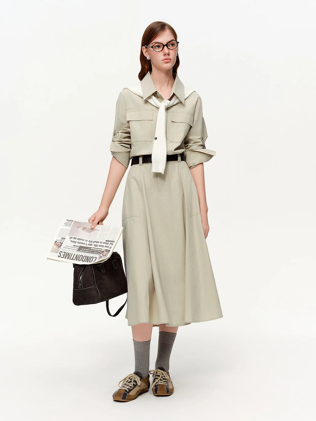 DUSHU 【Urban Rhythm】Workwear Style Faux Two Piece Shirt Dress Spring Vibes Notched Lapel Mid-Length Dress 2026 New Arrival Dress