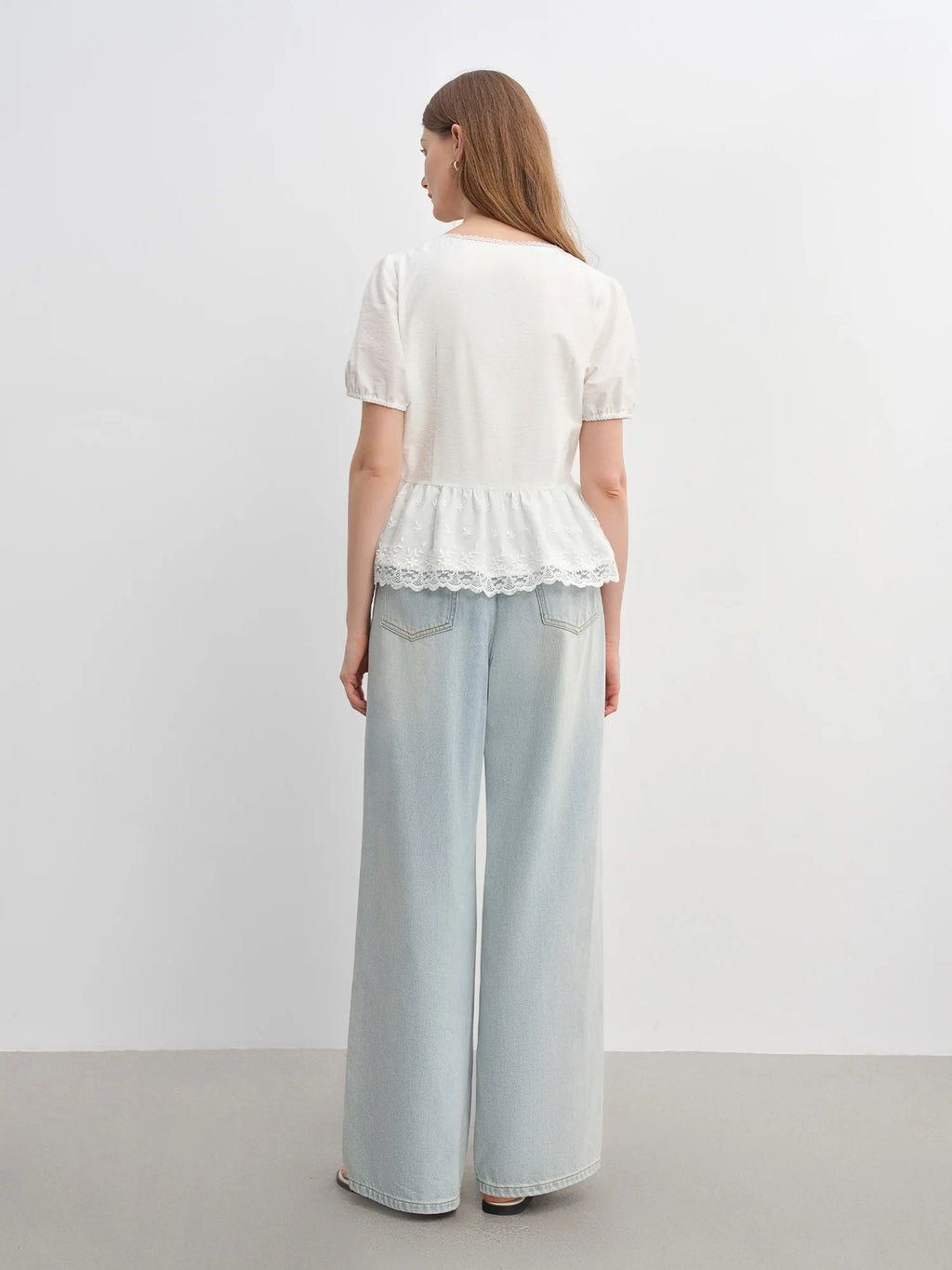 DUSHU Summer 2025 Textured Blouse - Relaxed Fit Lace Contrast Panels Casual Short Sleeve Resort to Office Top