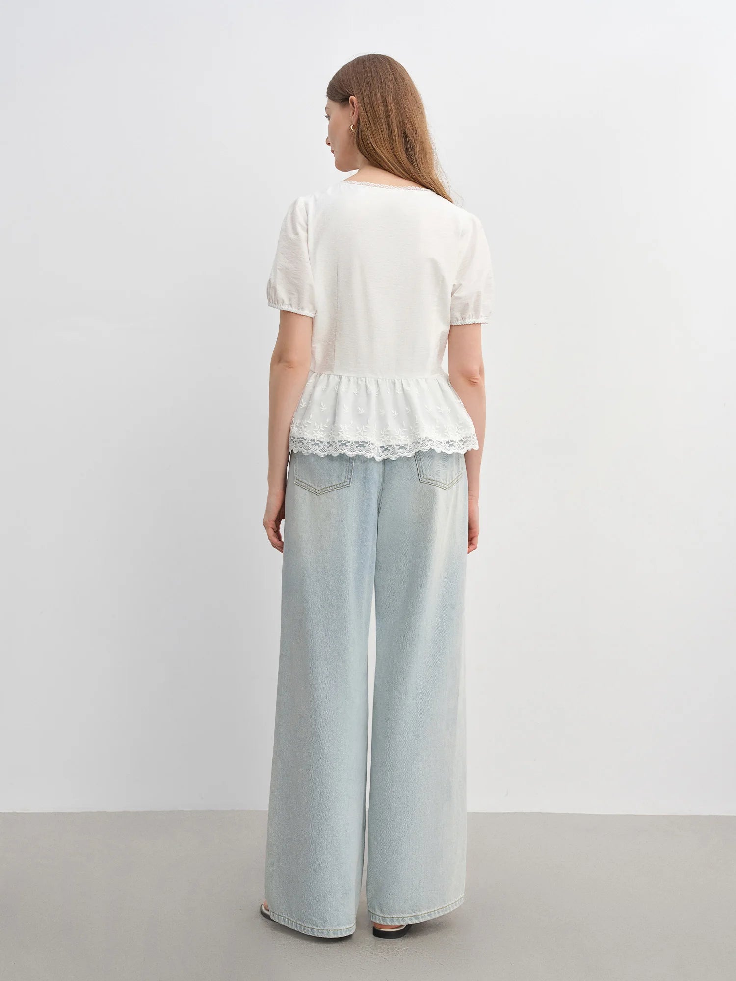 DUSHU Summer 2025 Textured Blouse - Relaxed Fit Lace Contrast Panels Casual Short Sleeve Resort to Office Top