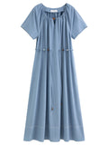 DUSHU Summer 2025 Textured Pleat Dress - Fluid Bead Adjustable Tie Maxi Resort to Office Elegant Silhouette