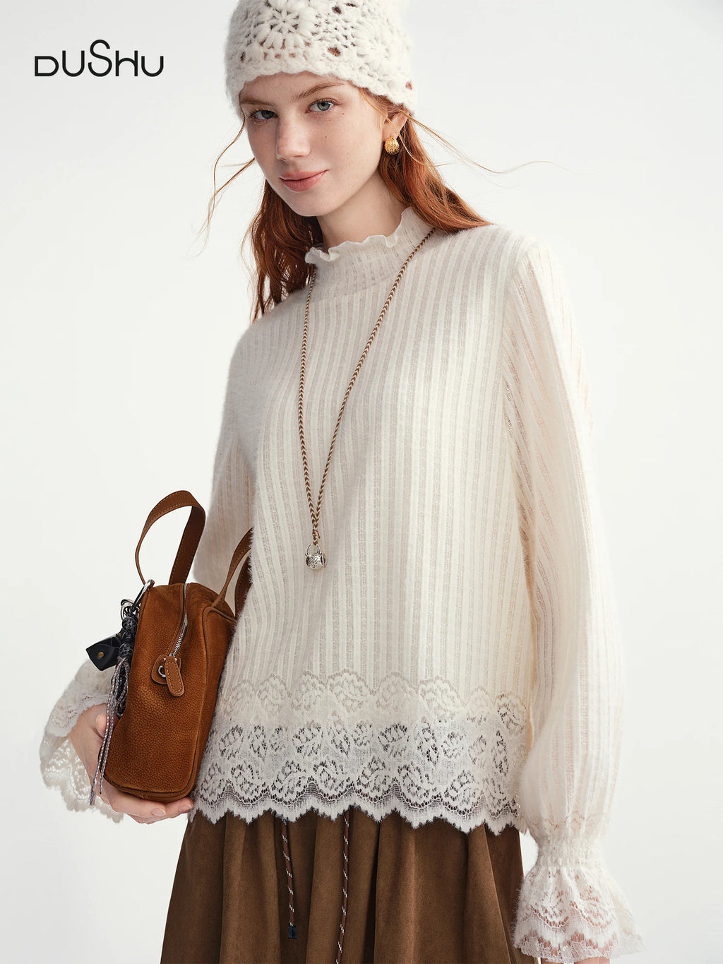 DUSHU Gentle Bottoming T-shirt Women 2025 Autumn and Winter Wear Pullovers Wear Fairy Lace Top Loose All-match Elegant Ladies