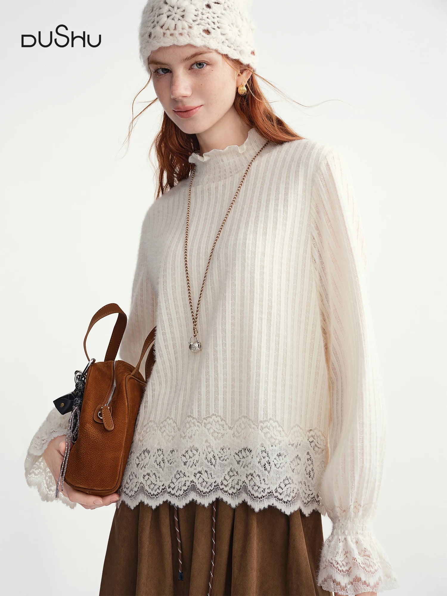 DUSHU Gentle Bottoming T-shirt Women 2025 Autumn and Winter Wear Pullovers Wear Fairy Lace Top Loose All-match Elegant Ladies