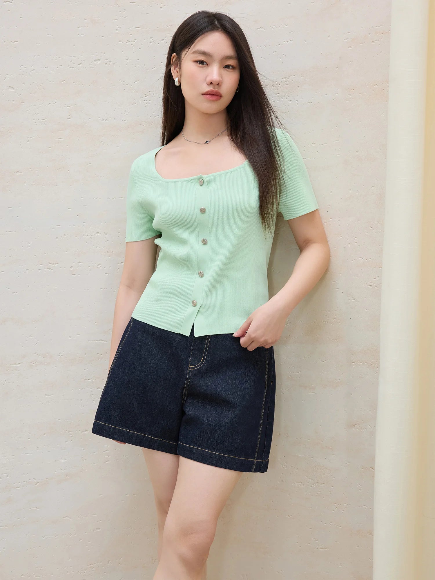 DUSHU Commuting Temperament Knitted Short-sleeved Women 2025 Summer New Style Skin-friendly Comfortable Versatile Tops 25DS82040