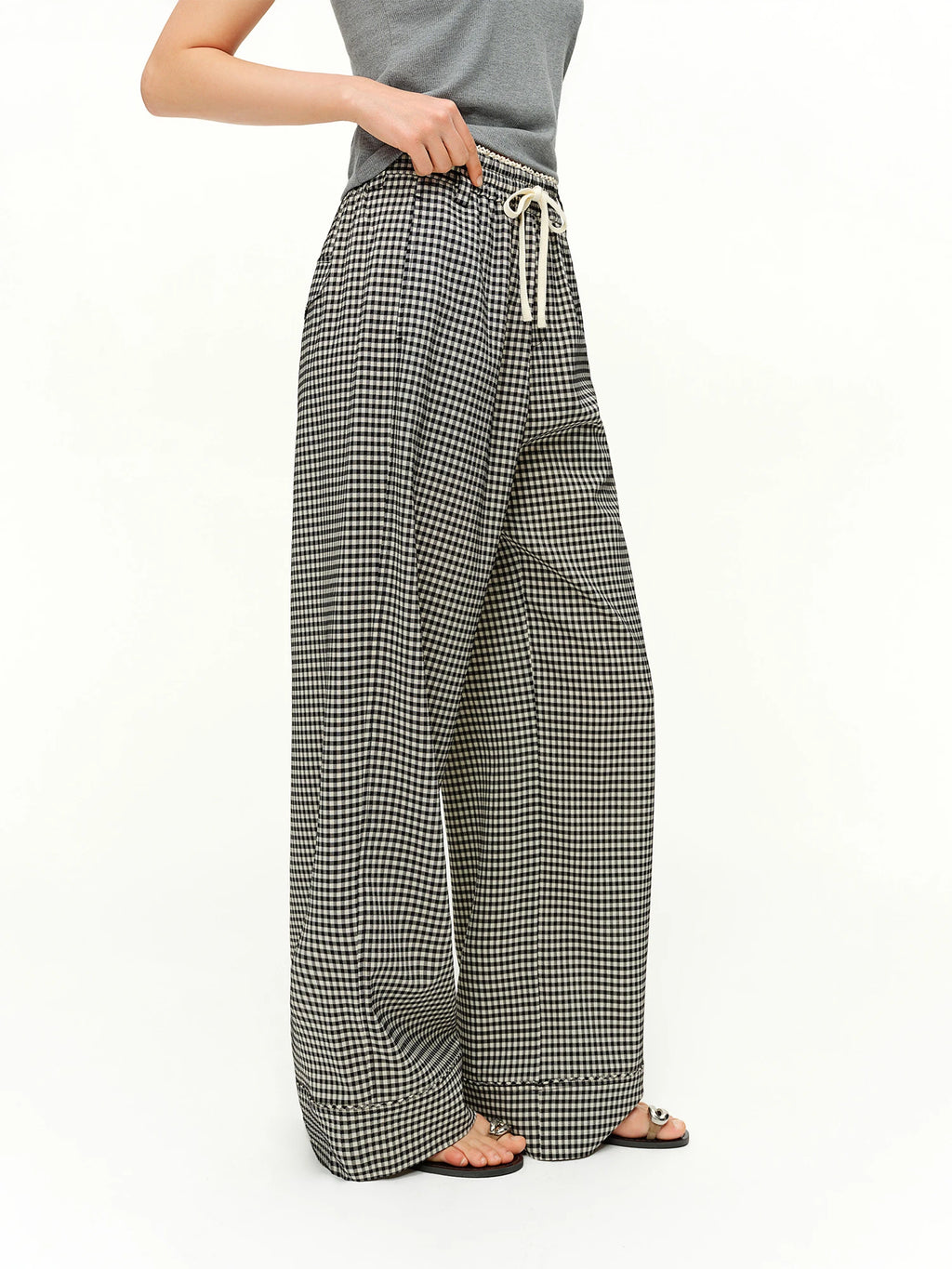 DUSHU 2026 Spring Women's Plaid Pattern Blend Straight Leg Pants - Acetate Commuter Style Trousers Elastic Waist for Office