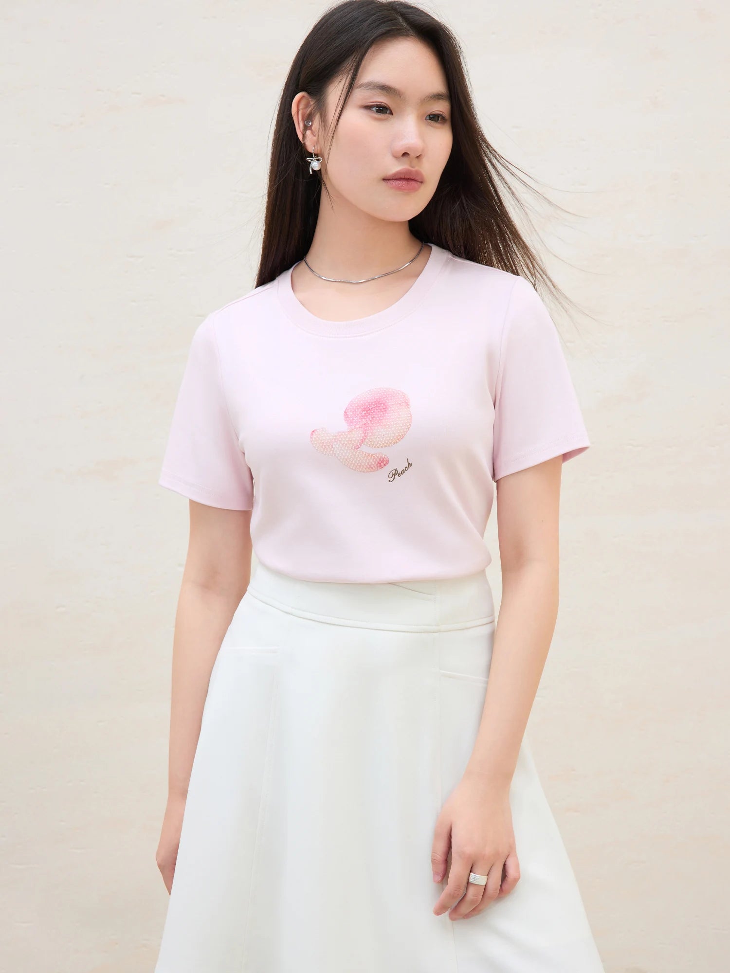 DUSHU 2025 Summer Women's Fruit Print Crystal T-Shirt - Dual-Tone Design & Breathable Cotton Blend for Casual Chic Style