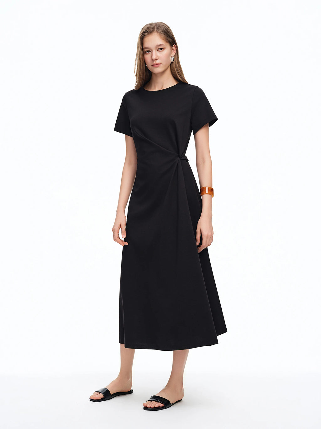 DUSHU Women's Minimalist Black Knot Waist-cinching Dress Summer 2026 New Arrival Elegant Styled Long Dress Simple Cotton Dresses