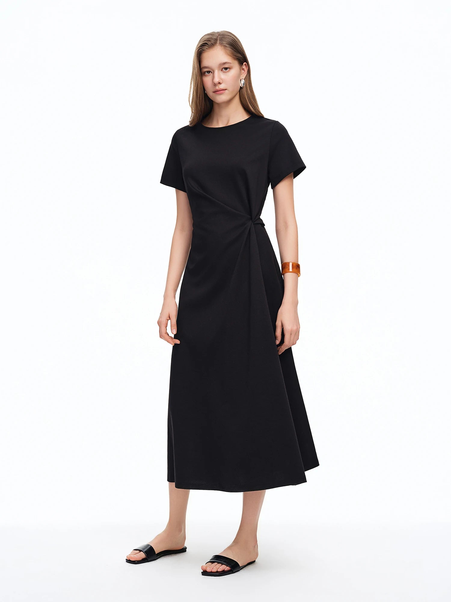 DUSHU Women's Minimalist Black Knot Waist-cinching Dress Summer 2026 New Arrival Elegant Styled Long Dress Simple Cotton Dresses