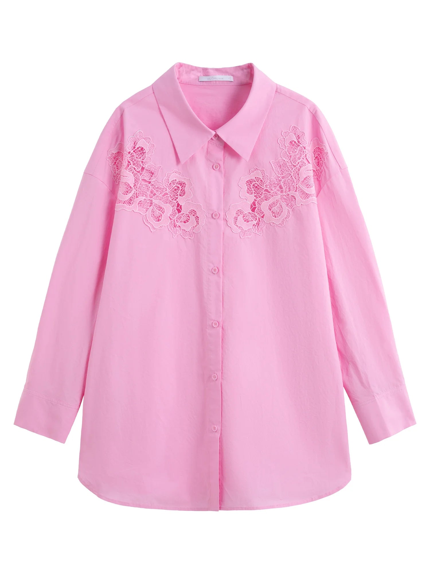 DUSHU Unique Design Embroidery Hollow Cotton Long-sleeved Shirt 2025 Summer New Pink Loose Versatile Fashion Top 25DS82052
