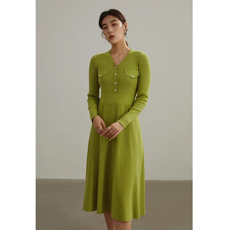 DUSHU Elegant Temperament Knitted Dress Women Autumn Winter 2022 New Base Skirt Office Lady V-neck Bottoming Long Dress Female