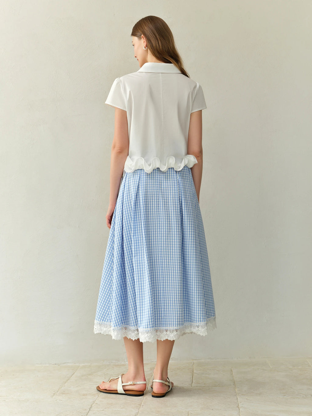 DUSHU Plus-size Blue and White Checkered Skirt - 2025 Summer New Arrival Chic Fashionable and Versatile for Women 25DS82445