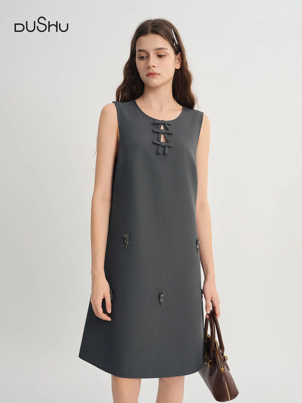 DUSHU Autumn 2025 Women's Embellished Beaded Tank Dress - Bow Accent Layering Staple Versatile Fall Piece Heavy Craft Detailing