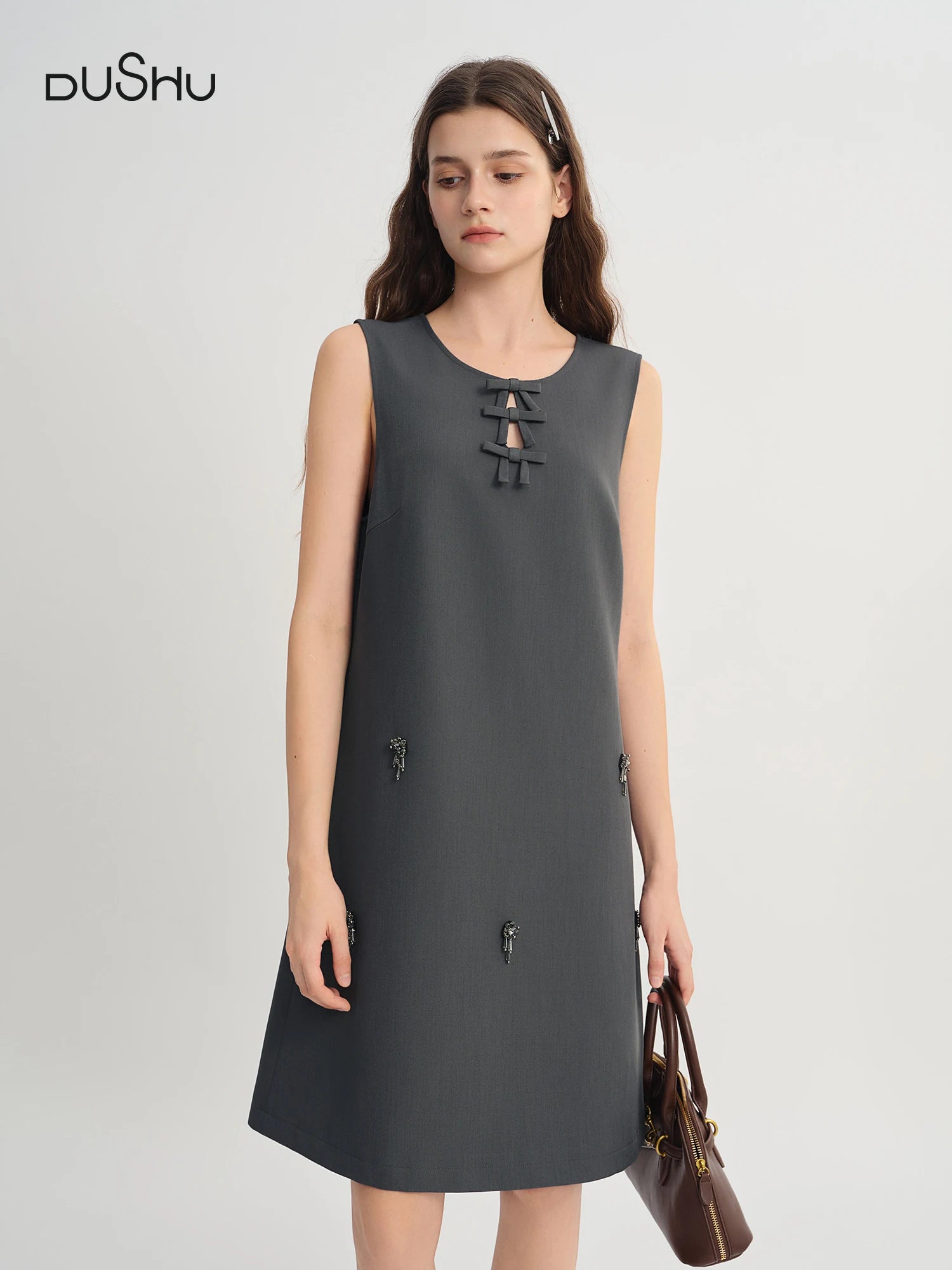DUSHU Autumn 2025 Women's Embellished Beaded Tank Dress - Bow Accent Layering Staple Versatile Fall Piece Heavy Craft Detailing