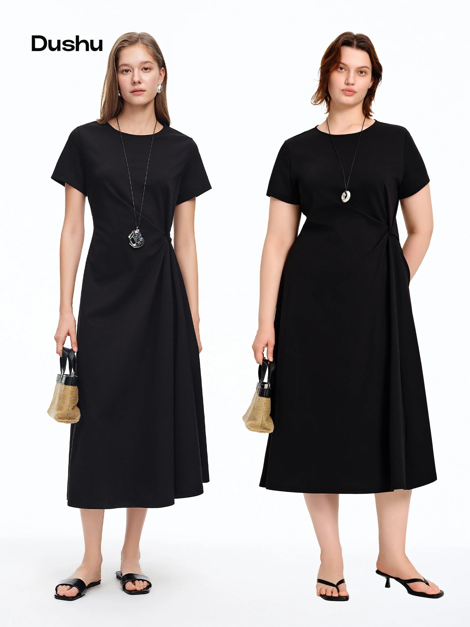 DUSHU Women's Minimalist Black Knot Waist-cinching Dress Summer 2026 New Arrival Elegant Styled Long Dress Simple Cotton Dresses