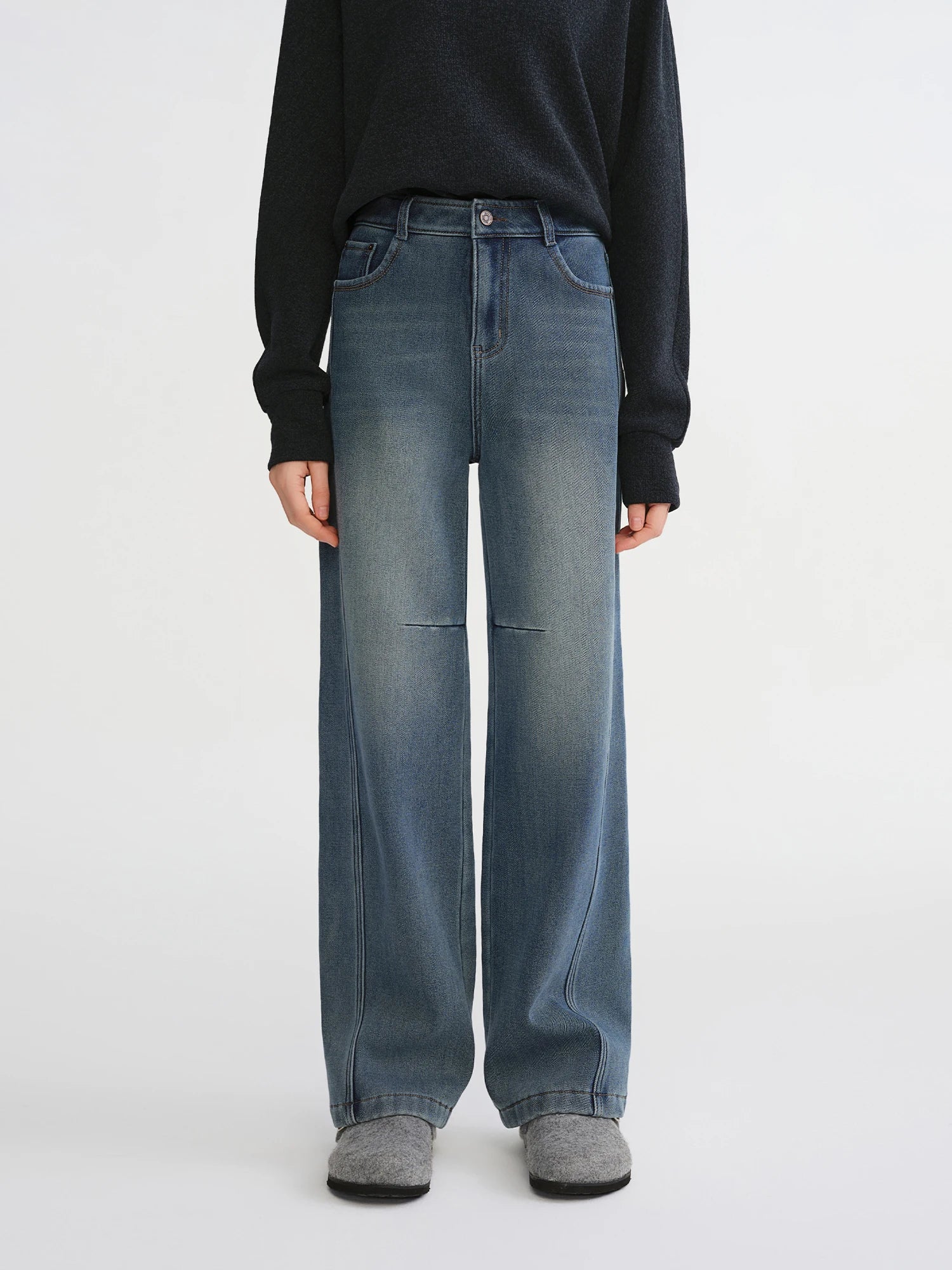 DUSHU Plus-Size Women's Fleece-Lined High-Waisted Jeans Flattering Winter Commute Outerwear Pants 2025 New Arrival Thick Jeans
