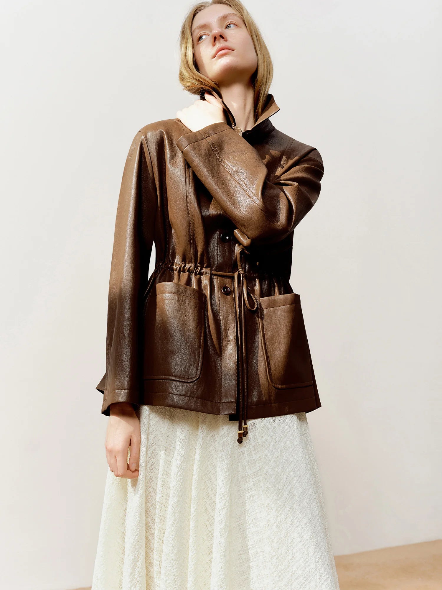DUSHU 2026 Spring Women's Drawstring Waist Oversized Leather Jacket - Flattering Fit Cropped Motorcycle Style PU Coat for Casual