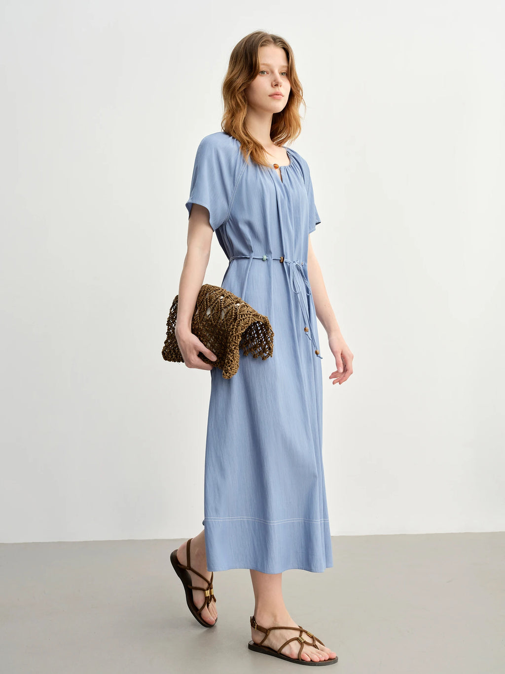 DUSHU Summer 2025 Textured Pleat Dress - Fluid Bead Adjustable Tie Maxi Resort to Office Elegant Silhouette