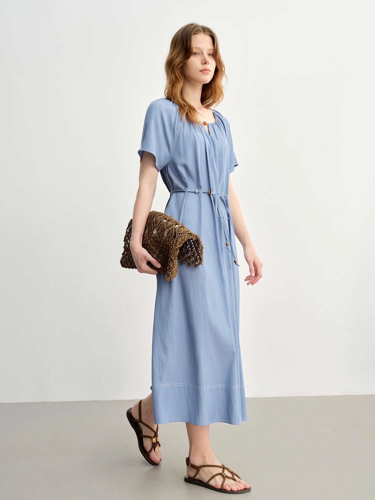 DUSHU Summer 2025 Textured Pleat Dress - Fluid Bead Adjustable Tie Maxi Resort to Office Elegant Silhouette