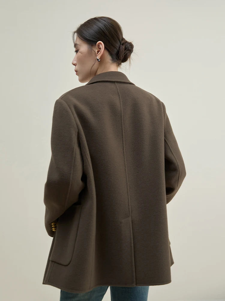 DUSHU Commuter Vintage Style 100% Wool Double-faced Double breasted Woolen Coat for Women Winter New Handmade Wool Jacket Female