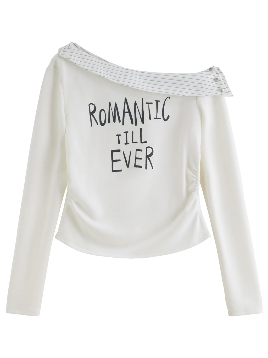 DUSHU 2026 Spring Women's Asymmetric Shoulder Stripe Neck Long Sleeve T-Shirt - Letter Print Casual Top for Daily Wear