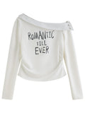 DUSHU 2026 Spring Women's Asymmetric Shoulder Stripe Neck Long Sleeve T-Shirt - Letter Print Casual Top for Daily Wear