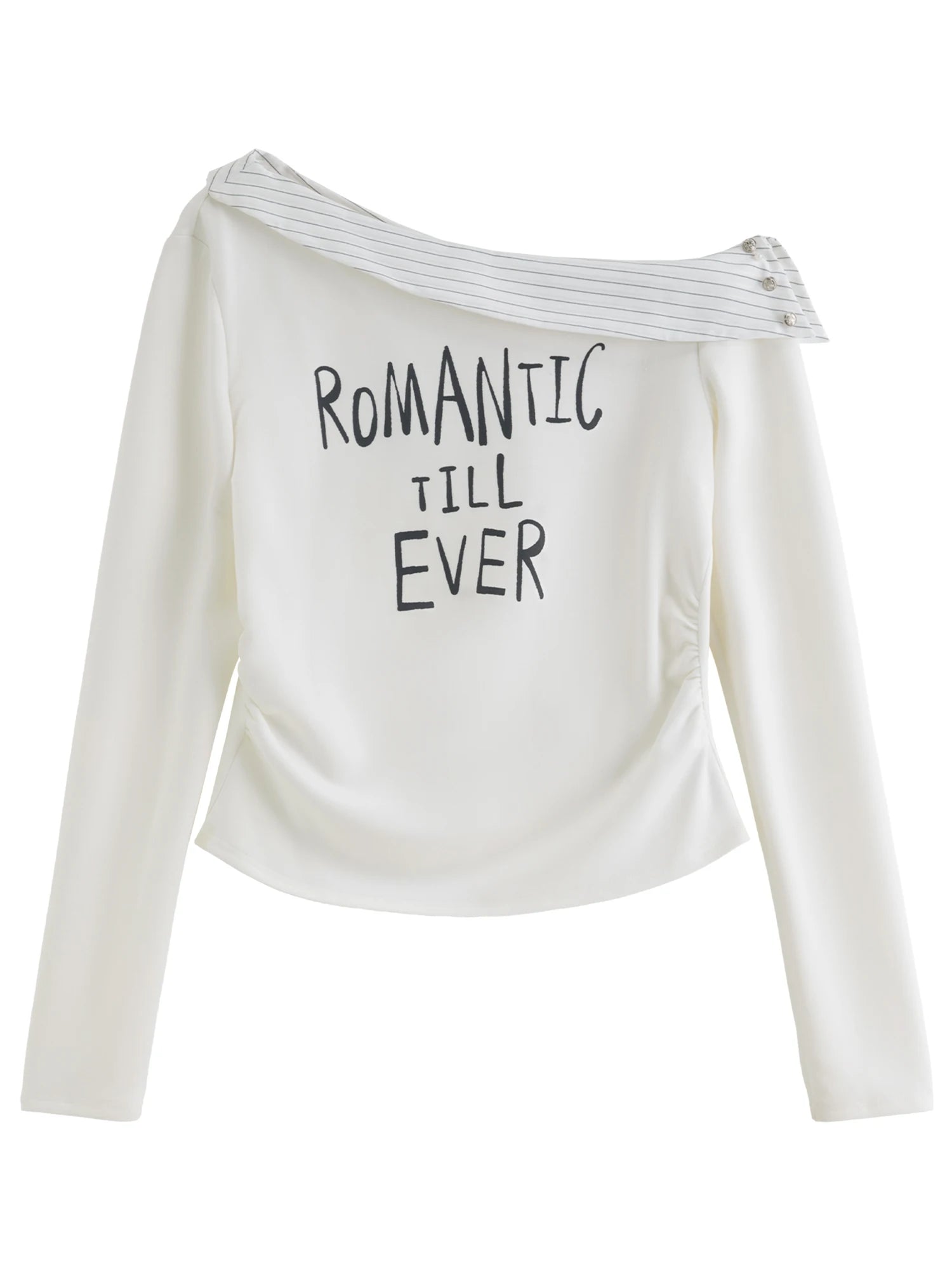 DUSHU 2026 Spring Women's Asymmetric Shoulder Stripe Neck Long Sleeve T-Shirt - Letter Print Casual Top for Daily Wear