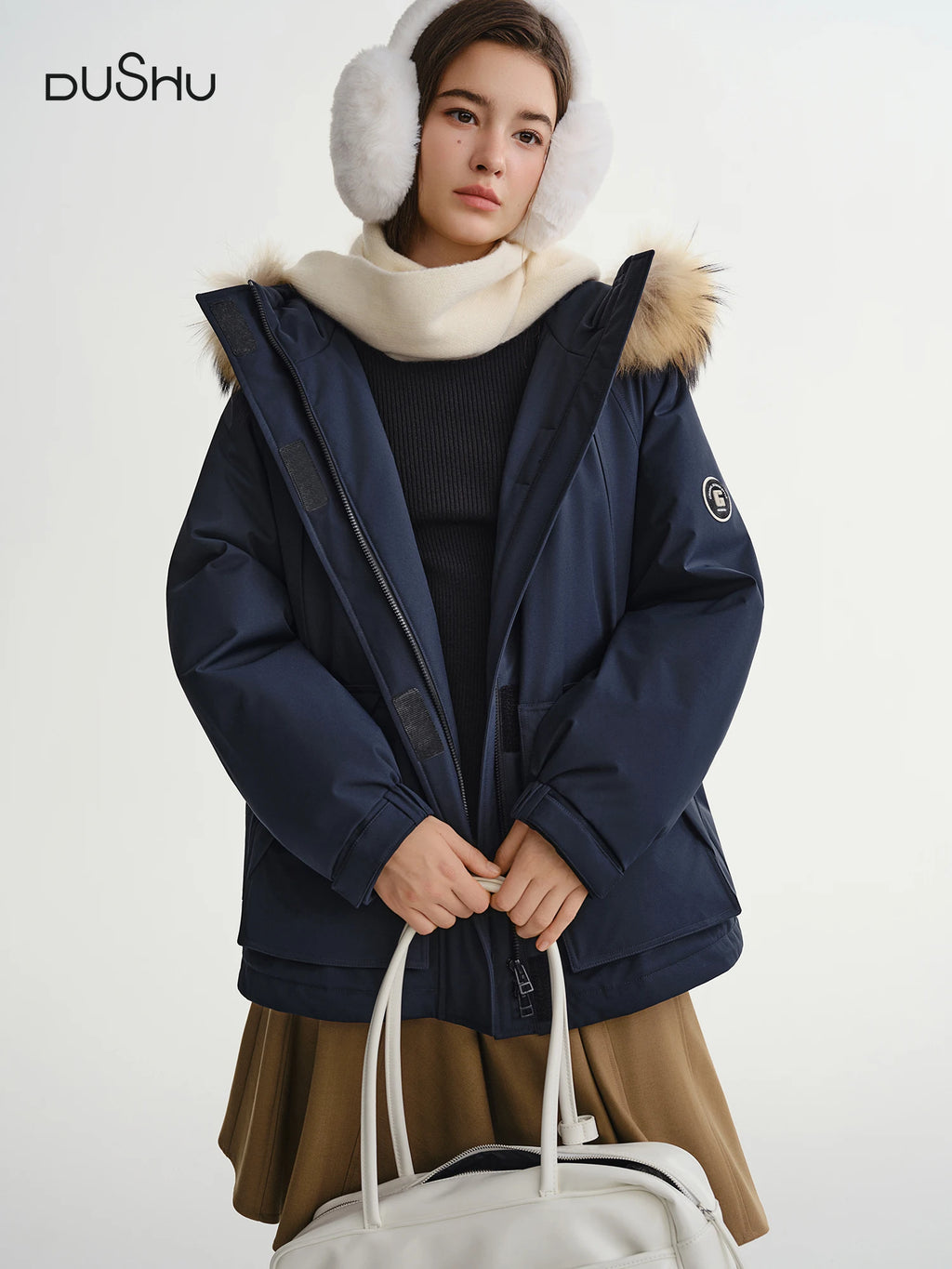 DUSHU 2025 Winter Women's Utility Parka with Detachable Faux Fur Collar and White Duck Down Fill for Warm Winter Protection