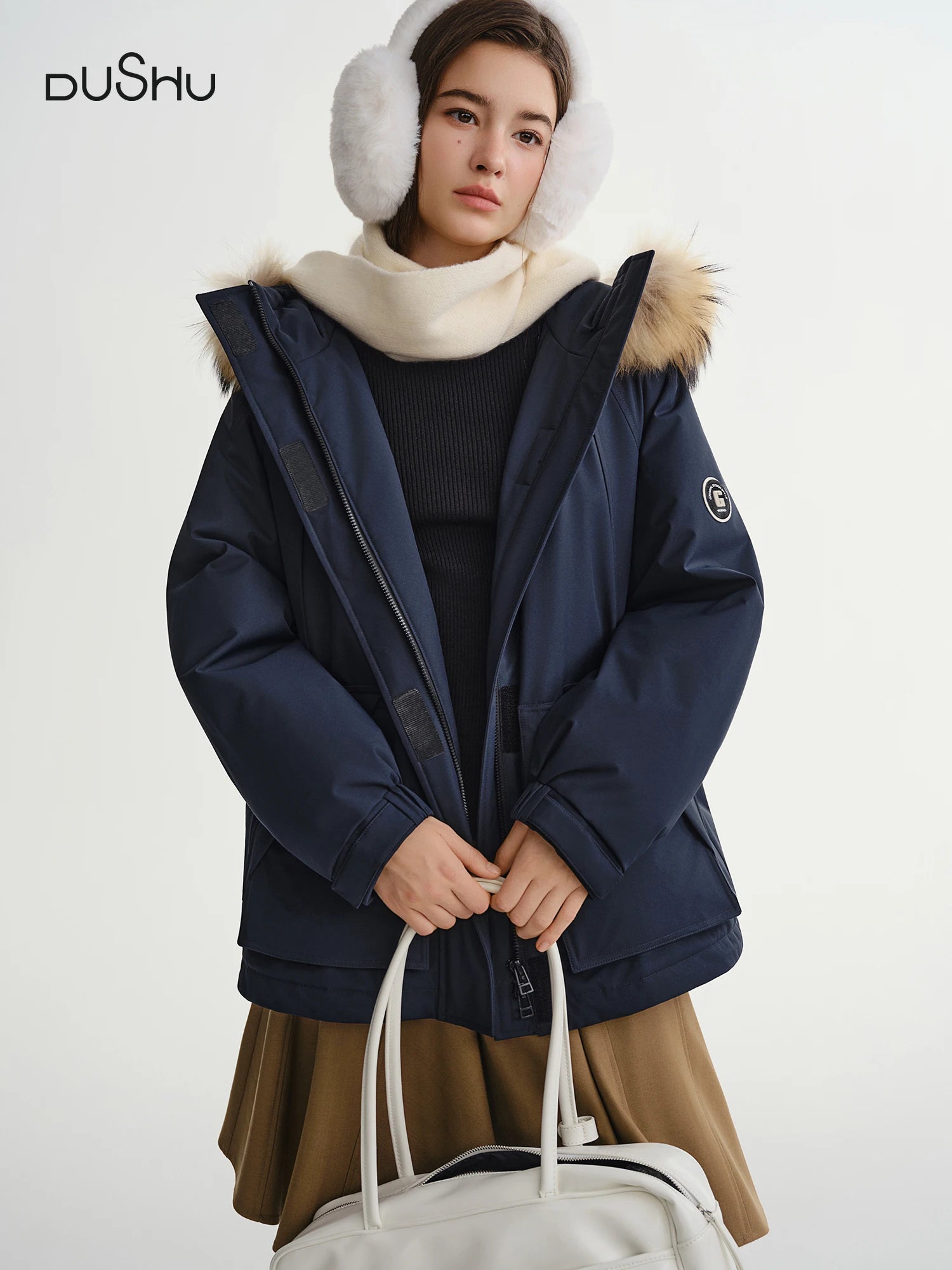 DUSHU 2025 Winter Women's Utility Parka with Detachable Faux Fur Collar and White Duck Down Fill for Warm Winter Protection