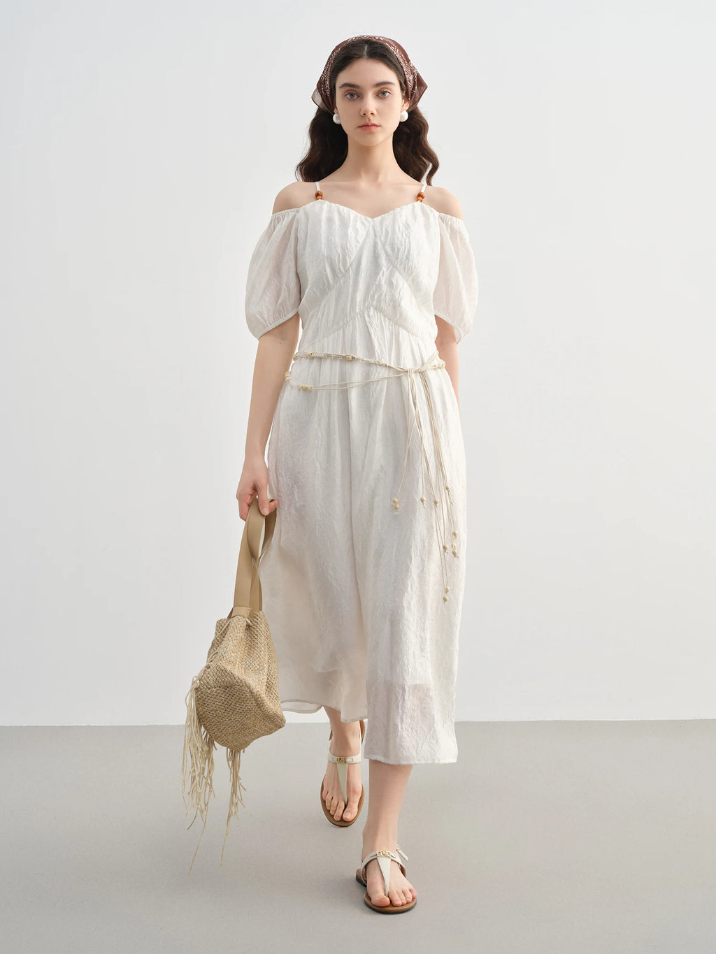 DUSHU 2025 Summer Plus-Size French-Inspired Textured Dress - Elegant Puff Sleeves & Breathable Acetate Blend 25DS82300