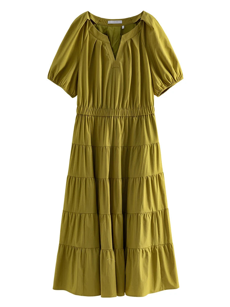 DUSHU Solid Women V-Neck Summer Long Dress Stepped Pleated Skirt Heavy Industrial Slimming Dress French Casual Female Dresses