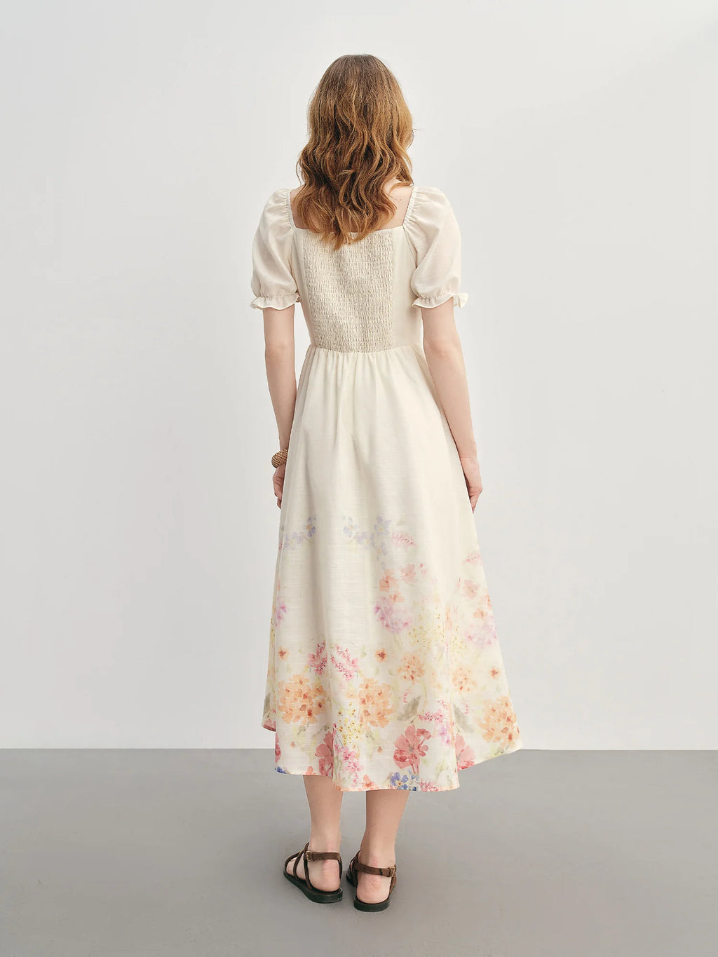 DUSHU Summer 2025 Textured Floral Dress - Regal Bubble Sleeve Fluid Silhouette Resort to Office