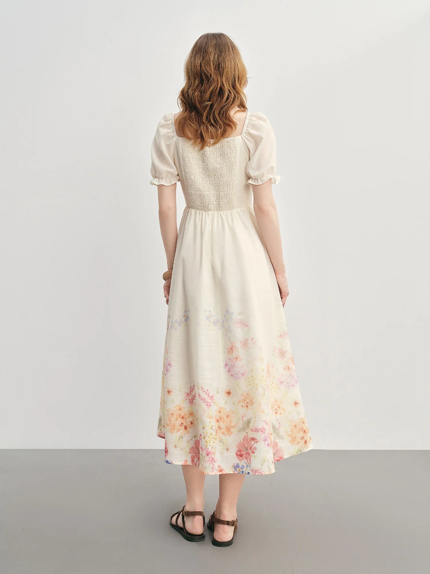 DUSHU Summer 2025 Textured Floral Dress - Regal Bubble Sleeve Fluid Silhouette Resort to Office