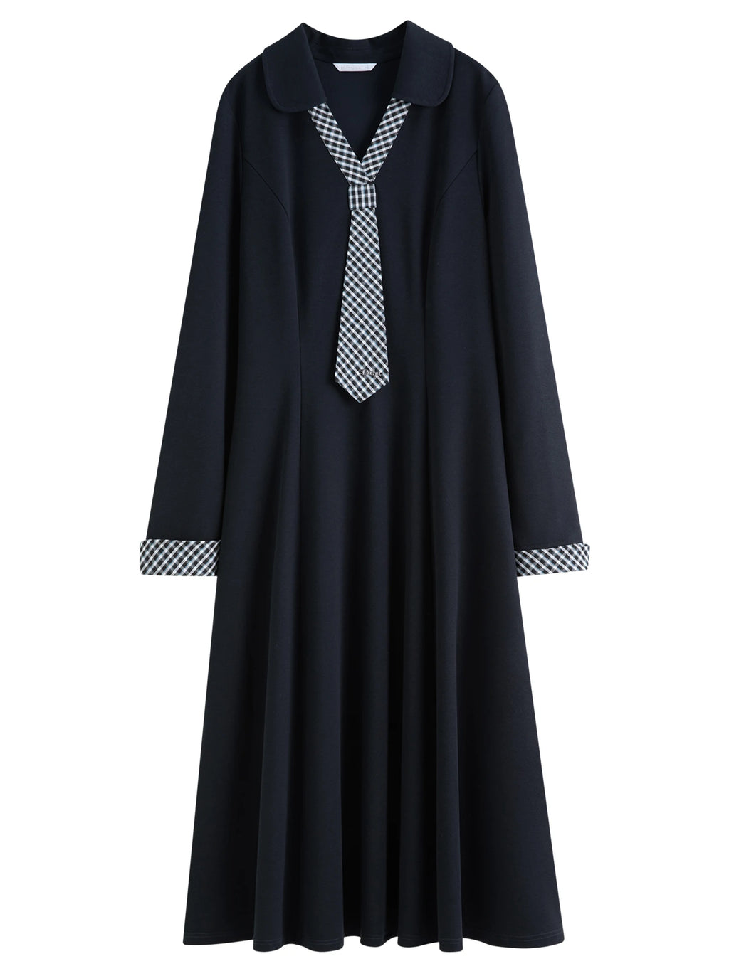 DUSHU 2025 Fall Winter Women's Plaid Tie-Neck Dress with Asymmetric Panel Design, Vintage Grid Pattern Collarless Shift Dress