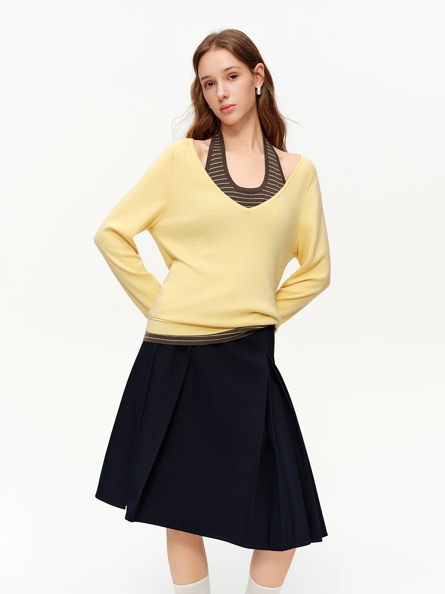 DUSHU 2026 Spring Women's High Waist Pleated A-Line Midi Skirt - Office Ready Flowy Elegant Skirt for Daily Commute