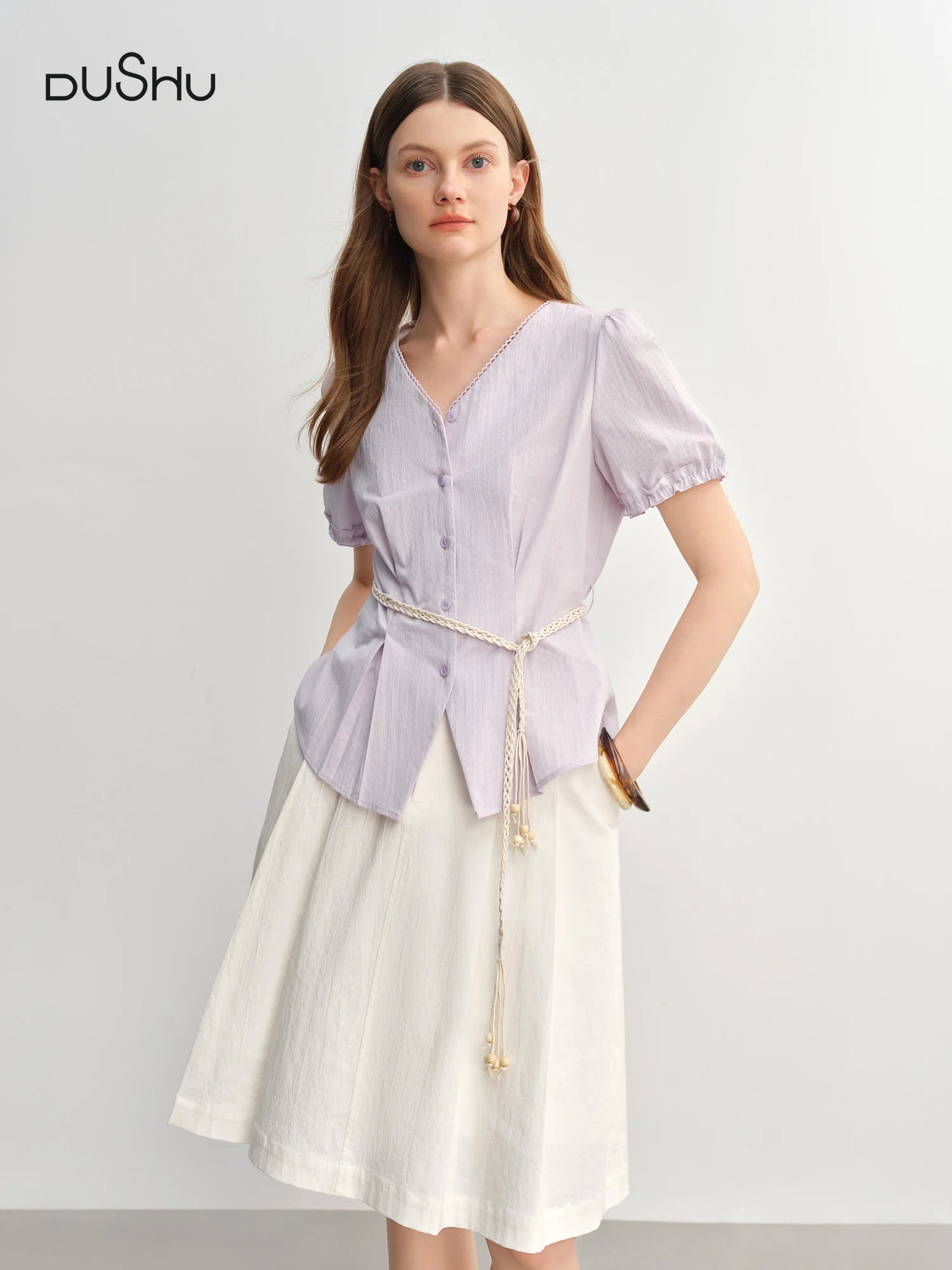 DUSHU Summer 2025 Women's V-Neck Blouse - Textured Pleats Accented Waist Relaxed Fit Resort Top