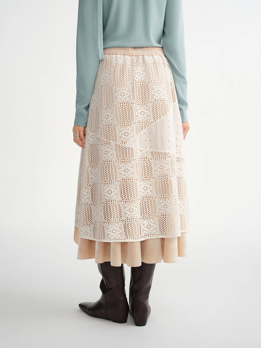 DUSHU Plus-Size Women Soft Blossoms Double Layer Lace Crochet Asymmetric Skirt Elegant Stylish Design Inspired Retro Fashion