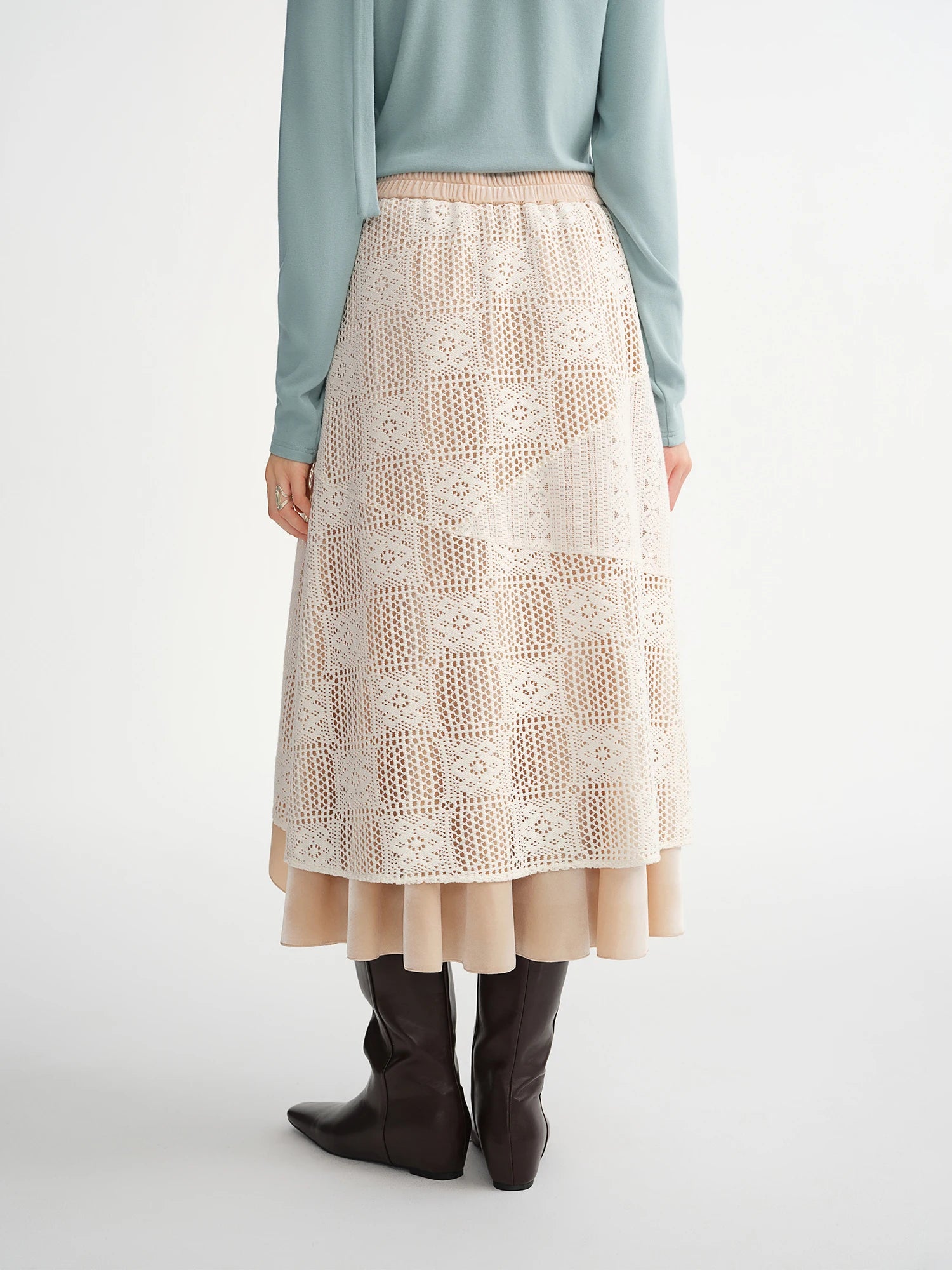 DUSHU Plus-Size Women Soft Blossoms Double Layer Lace Crochet Asymmetric Skirt Elegant Stylish Design Inspired Retro Fashion